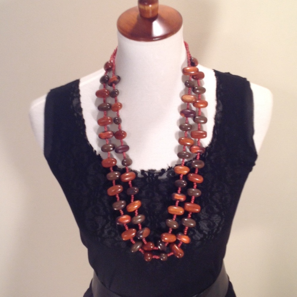 Wood beads Necklace,Vintage, two strands, larger polished & small seed beads,16”